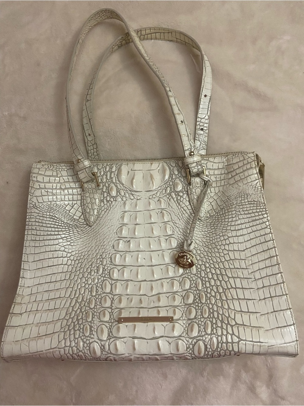 Brahmin Croc-Embossed Cream Tote with Gold Accent